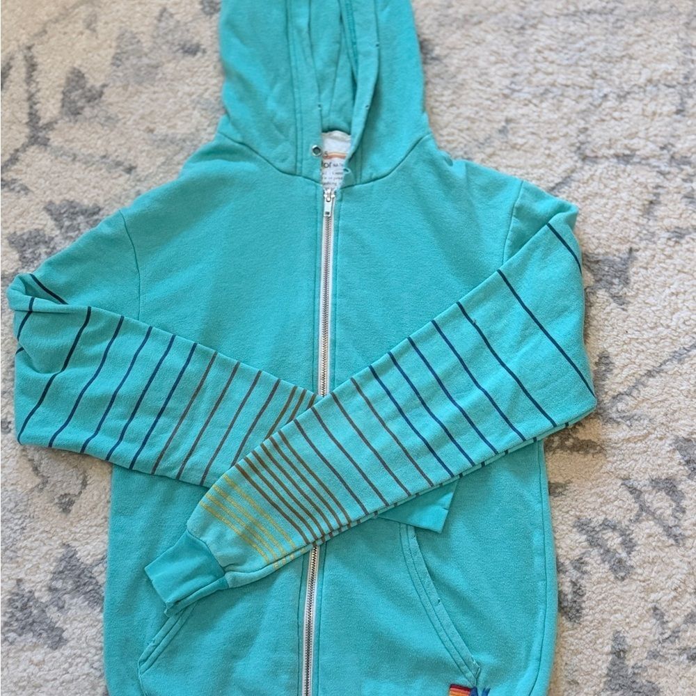 Rare Vintage Aviator Nation Teal Hoodie with Striped Sleeves - Picture 5 of 9